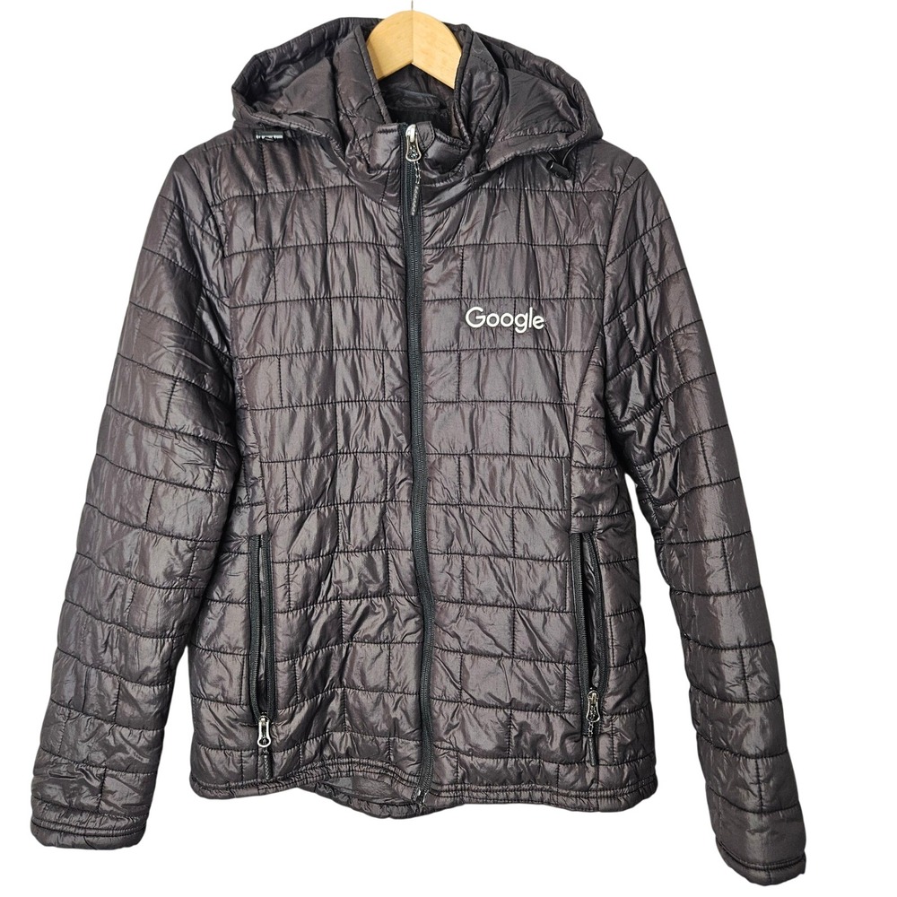 Fossa Apparel Google Logo Puffer Jacket Unisex Small‎ Black Hooded Quilted Tech